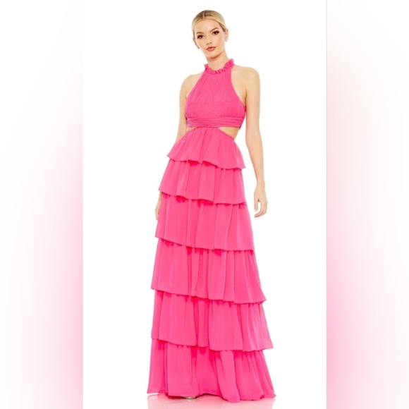 Ieena for Mac Duggal,  Tiered Ruffle Pleated High Neck Gown, HotPink, Size 6,NWT - Picture 1 of 16